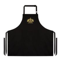 black apron embroidered with the unicorn and lion crest and the words 'Palace of Holyroodhouse' in gold threads