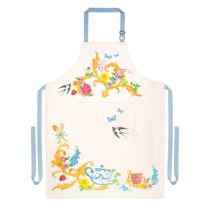 Cream apron printed with florals and other royal summertime symbols including teacups and teapots, butterflies, birds, strawberries and cupcakes.