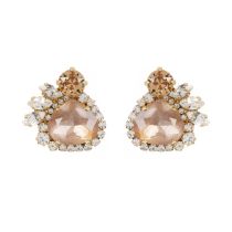 A pair of pale pink crystal earrings. Surrounded by an assortment of brown and clear crystals.