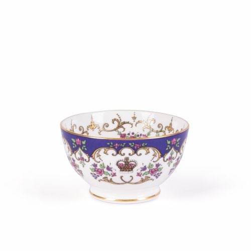 Queen Victoria fine bone china sugar bowl with a design featuring a coronet surrounded by floral patterns and gold plated rims.