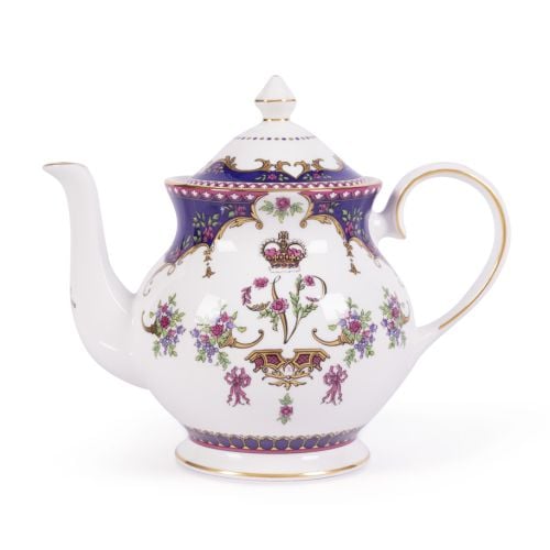 Queen Victoria fine bone china teapot with a design featuring Queen Victoria's name cipher and a coronet surrounded by floral patterns and gold plated rims.