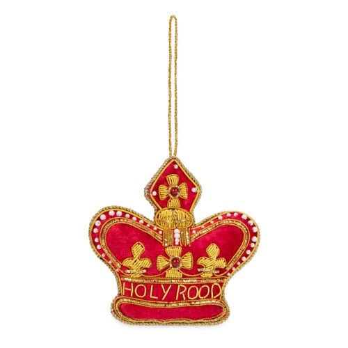 Pearl studded Palace of Holyroodhouse red crown decoration with Holyrood stitched on in gold thread. 