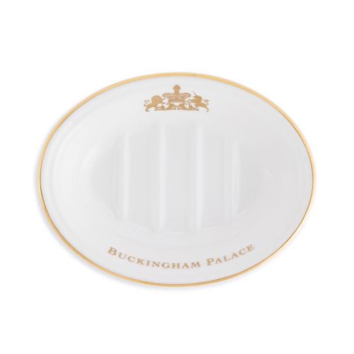 Buckingham Palace Soap Dish with royal crest and "Buckingham Palace" embossed in gold. 