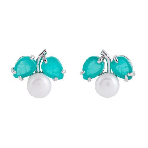 Two earrings with round freshwater pearls elegantly framed by two hand-carved turquoise jade leaves, set into a sterling silver stem.  