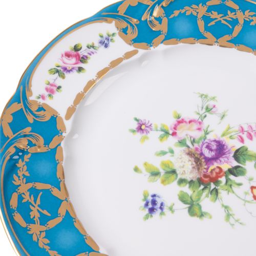 Floral plate with birght turquoise border and floral centrepiece, gilded with gold detailing. 