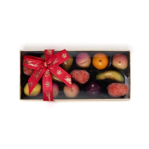 A box of marzipan fruit with red Windsor Castle bow