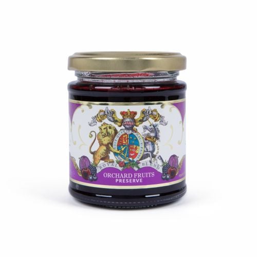 Windsor Castle Orchard Fruit Preserve with gold lid and royal Coat of Arms. 