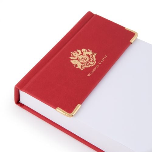 Windsor Castle Red Note Jotter Pad, with red band and gold Windor Castle crest at the top, with space for Notes and Memos at the bottom. 