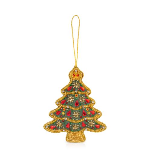 Green Christmas tree-shaped decoration. topped with a crown and embellished with gold beads and red crystals. 