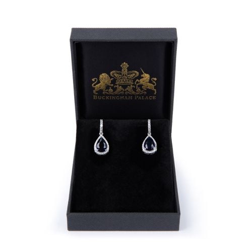 Sapphire teardrop earrings with crystal studding. 