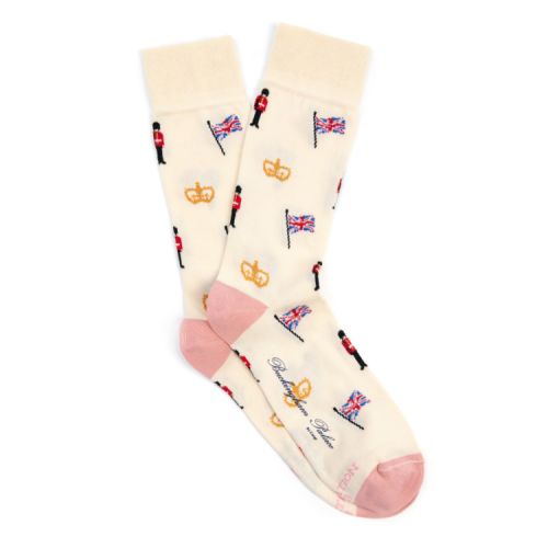 Cream socks with pink toes and heels. Illustrations or crowns, Union Jacks and Palace Guardsmen. 