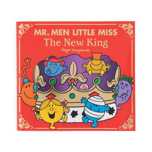 Front cover of "Mr. Men Little Miss The New King" by Roger Hargreaves featuring a large illustration of a crown and various Mr. Men and Little Miss on red backdrop. 