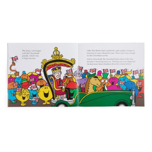 Front cover of "Mr. Men Little Miss The New King" by Roger Hargreaves featuring a large illustration of a crown and various Mr. Men and Little Miss on red backdrop. 