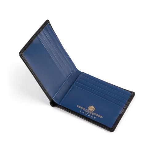 A black leather wallet with dark blue leather lining