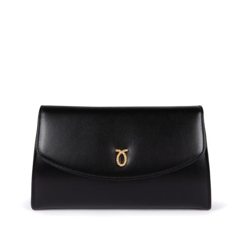 A black leather clutch bag with gold plated logo and fold over  