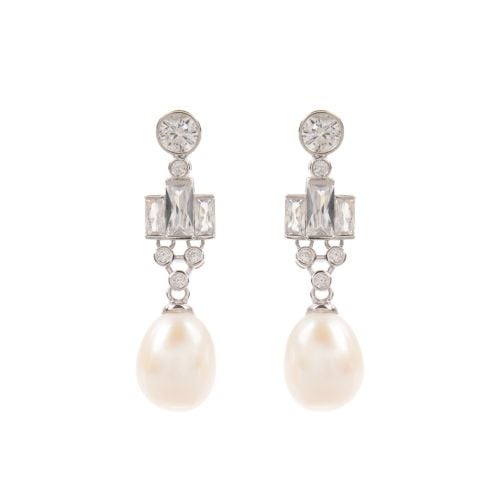 Crystal studded pearl drop earrings with a large white drop pearls below.