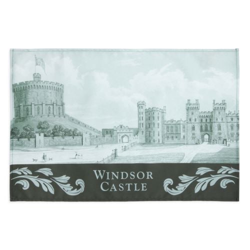 Green coloured tea towel with a detailed facade of Windsor Castle with text at the bottom. 