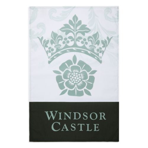 Windsor Castle tea towel on a white background with Tudor Rose and crown emblem in light green shade and Windsor Castle at the the base set on dark green. 