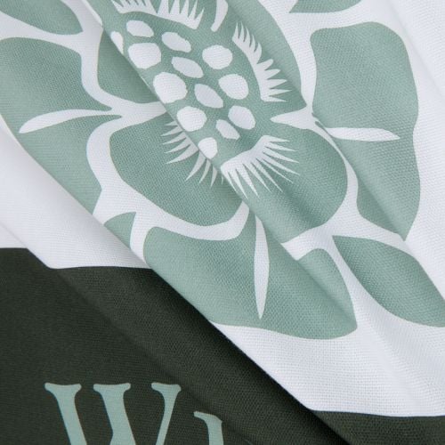 Windsor Castle tea towel on a white background with Tudor Rose and crown emblem in light green shade and Windsor Castle at the the base set on dark green. 