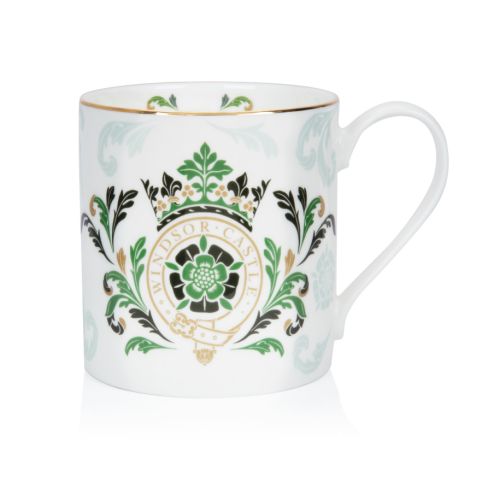 Our Windsor Castle Green Mug with green folaige and crown with a Tudor rose and  gold detailing.