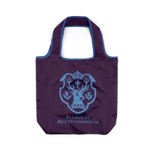 A purple bag with handle and blue trim, with Palace of Holyroodhouse crest 
