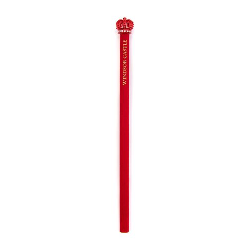 Red Windsor Castle pencil with a red gem studded crown  and gold text with Windsor Castle on the side. 