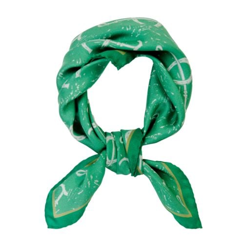 Rory Hutton green silk neckerchief with recurring horsehoe patern in white with dark green border. 