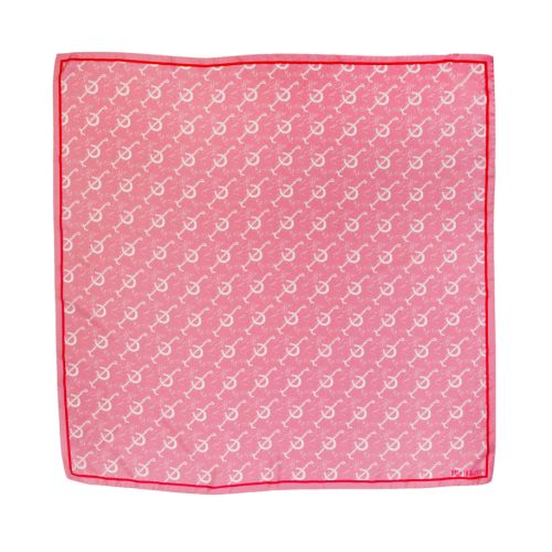 Pink Rory Hutton pink silk scarf with horseshoe pattern in white and red lining. 