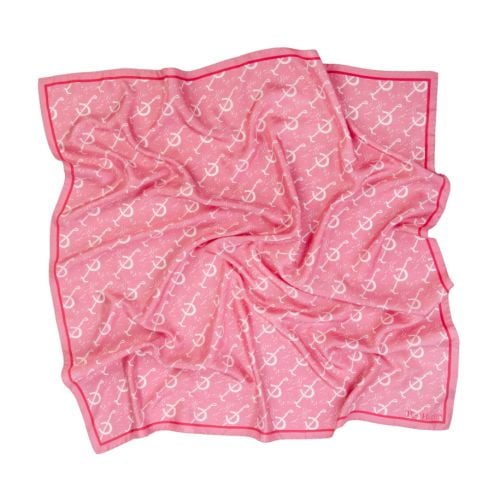 Pink Rory Hutton pink silk scarf with horseshoe pattern in white and red lining. 