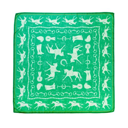 Green Rory Hutton silk scarf with equestrian pattern including horse and rider, horseshoes and ridding boots in white. With dark green border. 