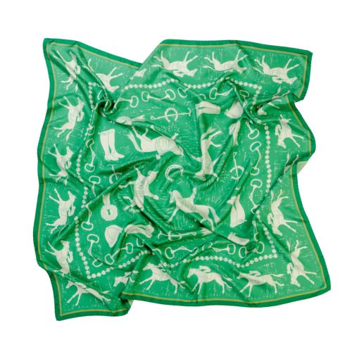 Green Rory Hutton silk scarf with equestrian pattern including horse and rider, horseshoes and ridding boots in white. With dark green border. 