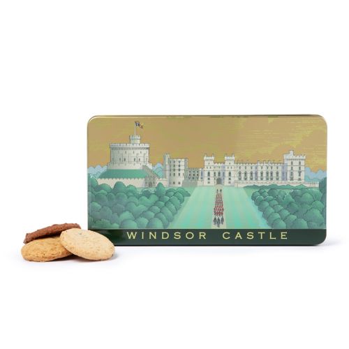 Biscuit tin featuring the facade of Windsor Castle and selection of biscuits. 