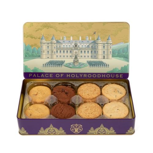 Palace of Holyrood Facade Biscuit Tins featuring a selection of biscuits. 