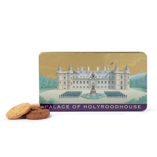 Palace of Holyrood Facade Biscuit Tins featuring a selection of biscuits. 