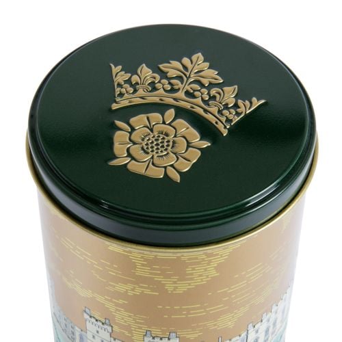 Facade tea caddy featuring the facade of Windsor Castle, with green lid and base. 