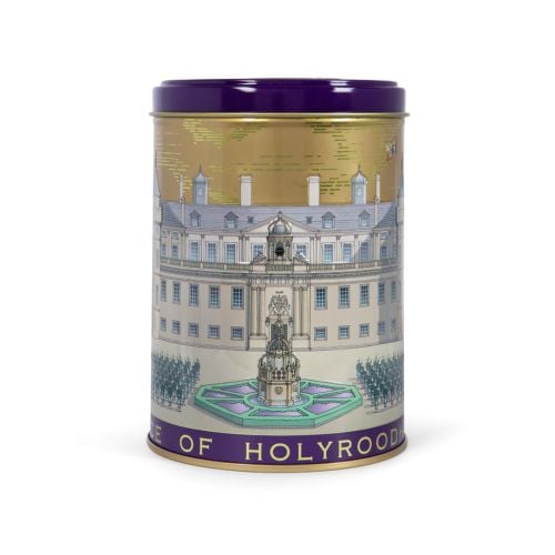 Tea Caddy with purple lid and base, featuring the front facade of the Palace of Holyroodhouse, with "Palace of Holyroodhouse " embossed. 