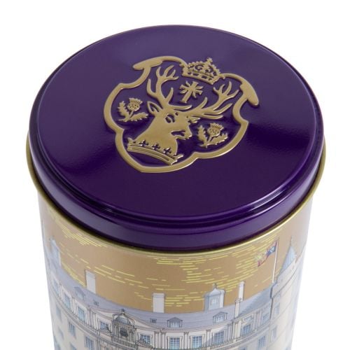 Tea Caddy with purple lid and base, featuring the front facade of the Palace of Holyroodhouse, with "Palace of Holyroodhouse " embossed. 