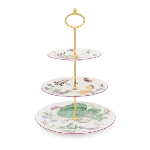 The Chelsea cakestand, with Chelsea botanical pattened plates on three tiers divided by gold poles and handle.