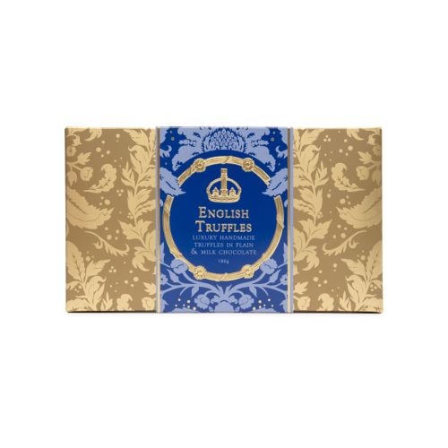 A box of English Truffles with gold embossed Acanthus packaging and a blue band with "English Truffles: Luxury Handmade Truffles in Plain & Milk Chocolate." 