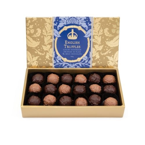 A box of English Truffles with gold embossed Acanthus packaging and a blue band with "English Truffles: Luxury Handmade Truffles in Plain & Milk Chocolate." 