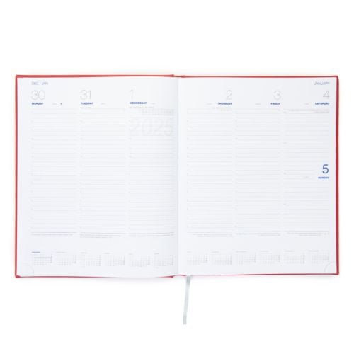 Red desk diary with gold embossed crest and lettering, Buckingham Palace Diary 2025.