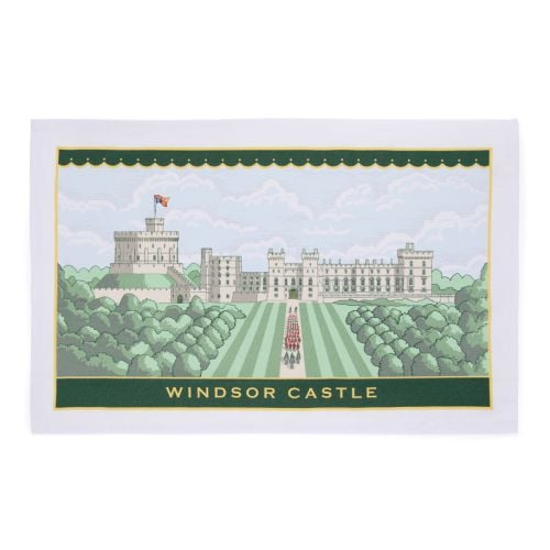 Landscape teatowel with the facade of Windsor Castle, with a view from the Long Walk. With Windsor Castle text at the bottom in gold. 