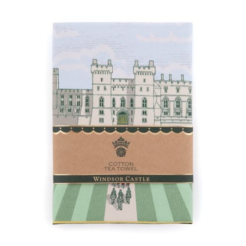 Landscape teatowel with the facade of Windsor Castle, with a view from the Long Walk. With Windsor Castle text at the bottom in gold. 