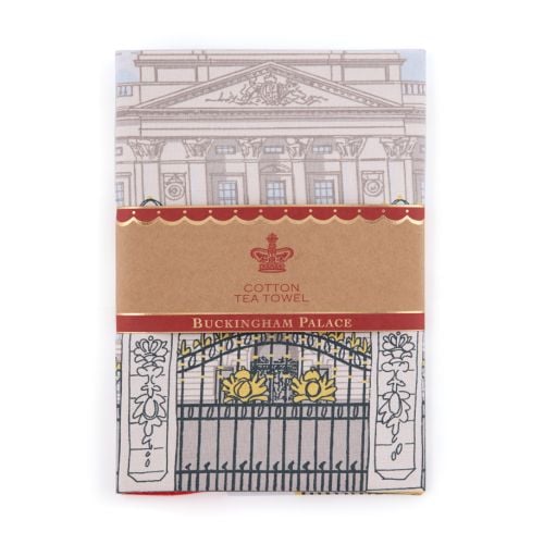 Facade tea towel of Buckingham Palace, including the Royal Standard and red band with Buckingham Palace printed in gold. 