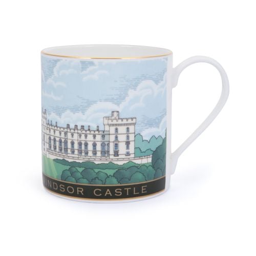 Detail of Windsor Castle Facade mug with Widnsor Facade and green band at bottom with "Windsor Castle" at base. 