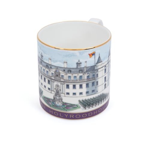 Detail of the Palace of Holyroodhouse mug with facade and purple base and "Palace of Holyroodhouse" printed towards base. 