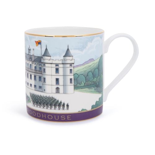 Detail of the Palace of Holyroodhouse mug with facade and purple base and "Palace of Holyroodhouse" printed towards base. 