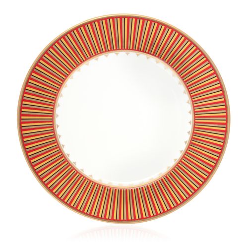 The 10" Livery Dinner Plate, with a striped design that  beautifully combines the deep, rich scarlet tones of ceremonial uniforms with fine gold details, inspired by the intricate decorative braiding and regimental devices on the outer edge. The centre of