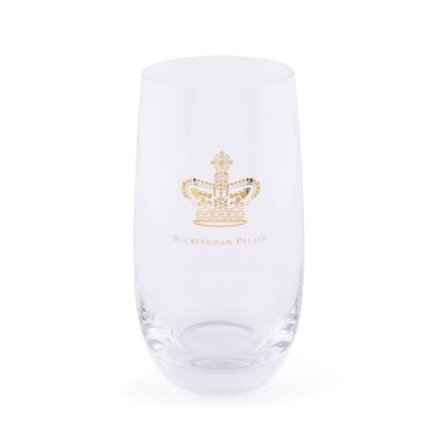 Highball glass with gold crown motif and Buckingham Palace below it