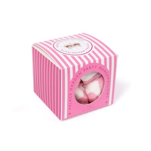 Pink striped packaging with a window featuring Buckingham Palace Party Marshmallows. 